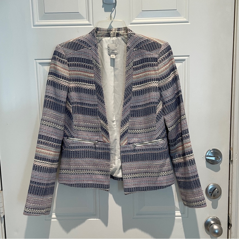 Halogen Open Front Textured Woven Gray Blue Red Blazer Suit Jacket Size Small